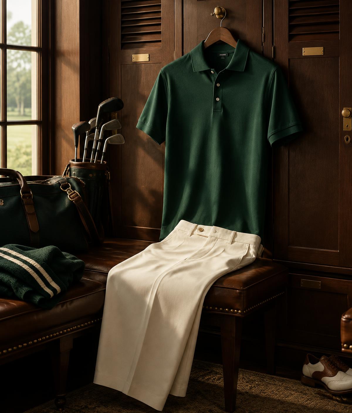 Refined golf apparel in a private club locker room
