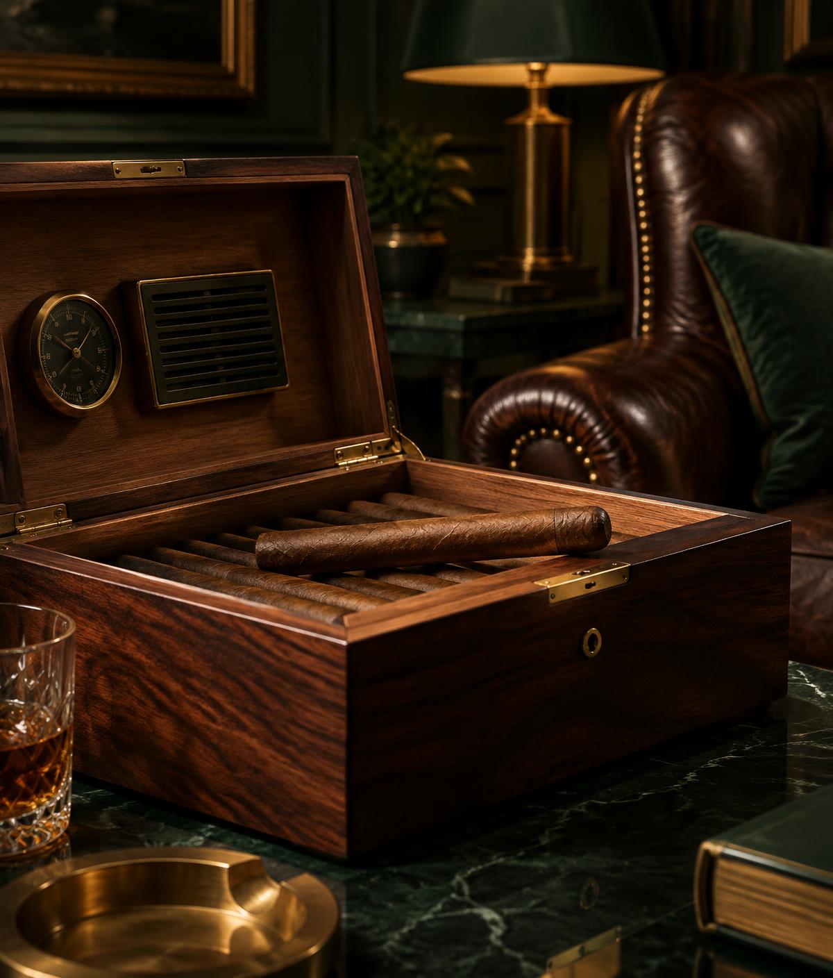 Premium cigars in a walnut humidor