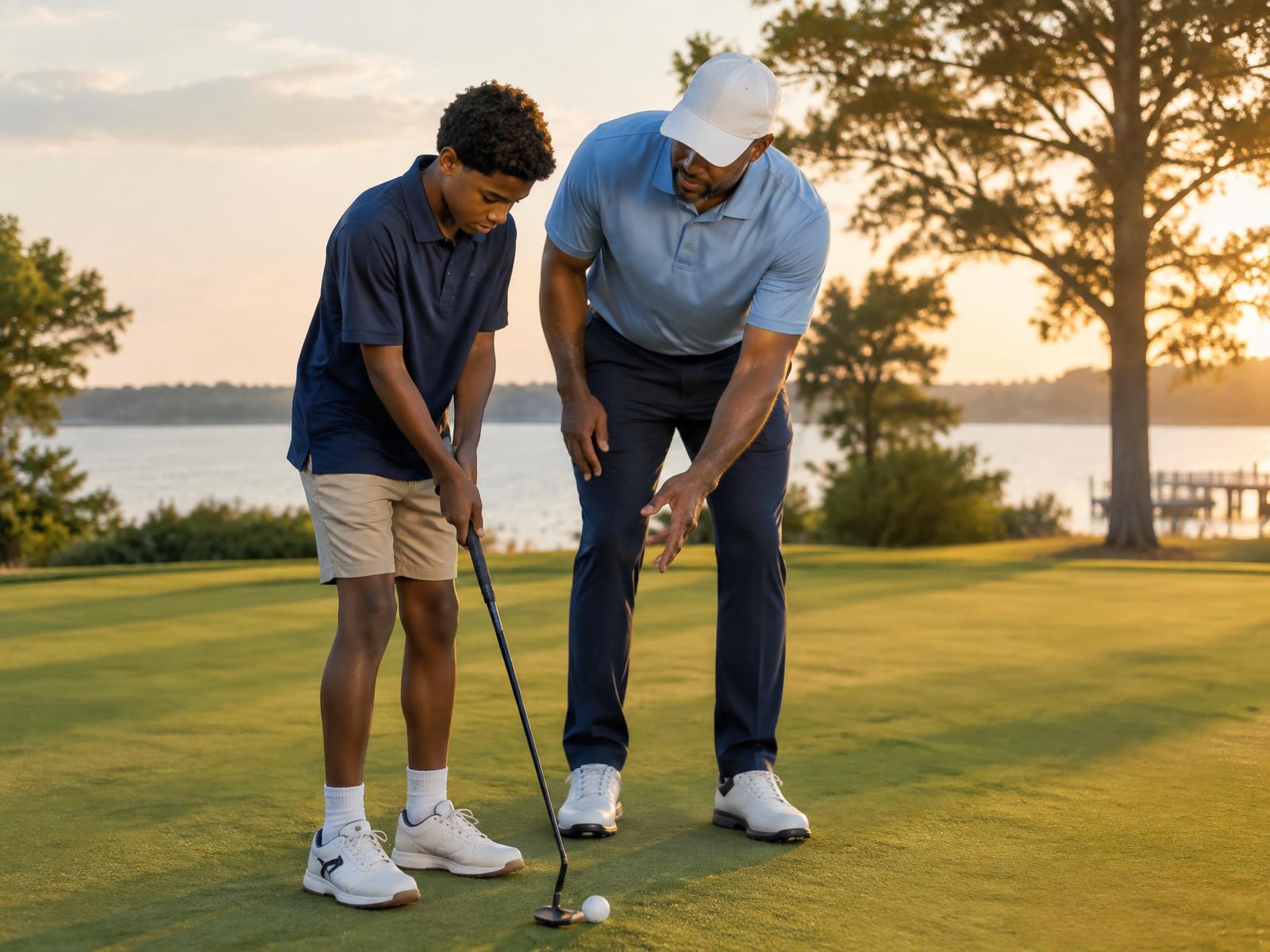 A mentor guiding a young golfer on the green
