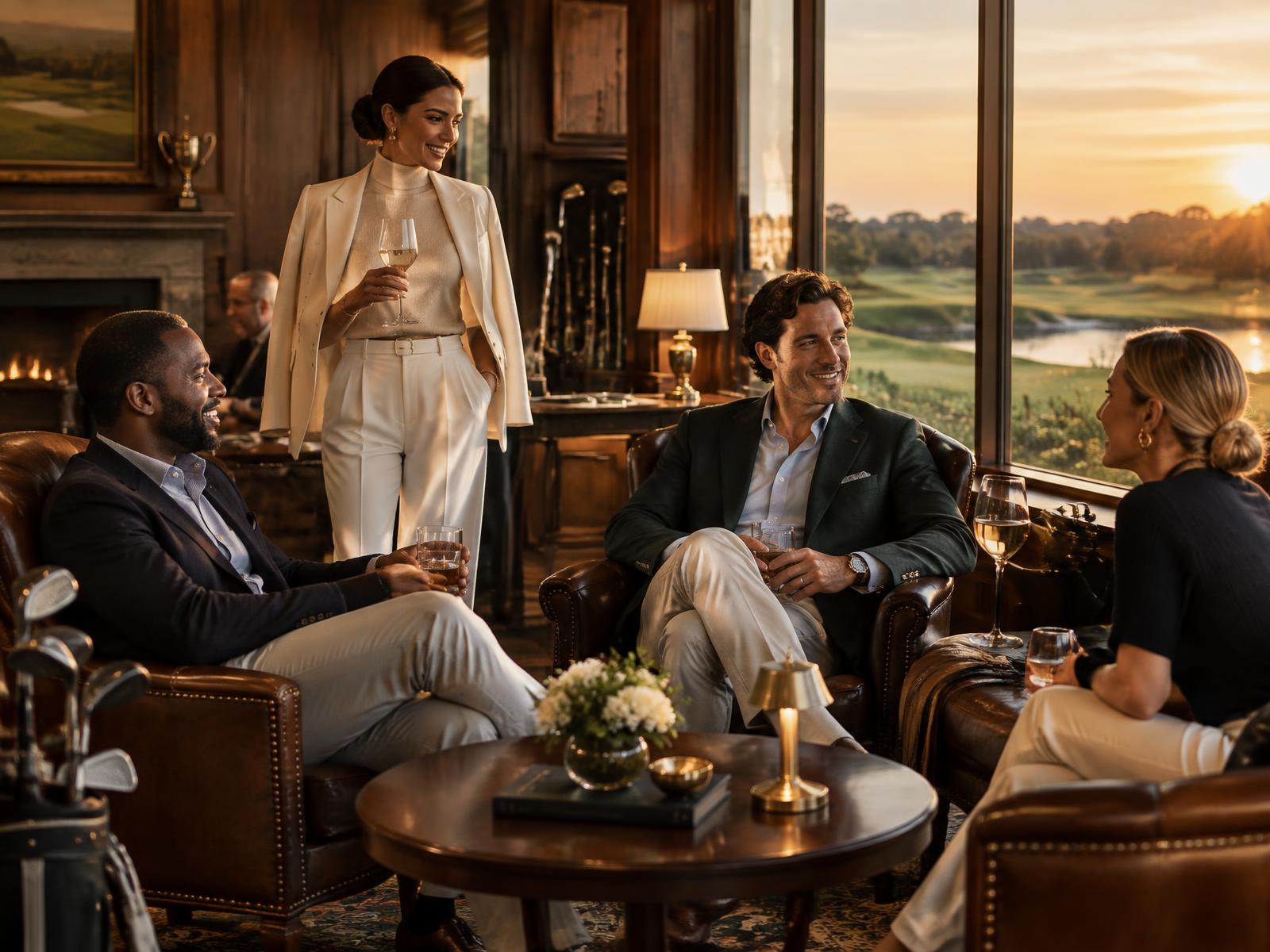Friends sharing an evening in an elegant golf club lounge